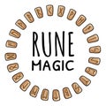 Rune magic. Runic wreath of celtic symbols. Set of wooden runes in a circle composition. Collection of hand drawn doodles of