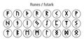 Runes. Black runic alphabet. Old Norse, Icelandic and German. Vector round symbols.