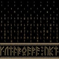 Runes. Border. Magical runic letters seamless pattern. Magic golden signs and symbols on black background. Trendy vector backdrop Royalty Free Stock Photo
