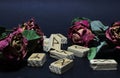 View of wooden runes around dry flowers of red roses, against a dark background. Blur background