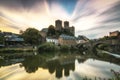 Runkel, a romantic place in Hesse on the Lahn. Real old Stonebridge with dramatic sky. reflection Royalty Free Stock Photo