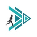Runner advancing to abstract forward digital play symbol, future concept Royalty Free Stock Photo