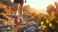 Runner athlete running on mountain trail. woman fitness jogging workout wellness concept.