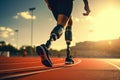 Runner athlete running on stadium track at sunset. woman fitness jogging workout wellness concept, Disabled male runner on Royalty Free Stock Photo