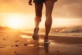 Runner athlete running on sunrise beach. woman fitness jogging workout wellness concept, Running at the Beach, close up of leg,