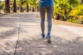 Runner athlete running at tropical park. woman fitness sunrise jogging workout wellness concept Royalty Free Stock Photo