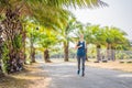 Runner athlete running at tropical park. woman fitness sunrise jogging workout wellness concept Royalty Free Stock Photo