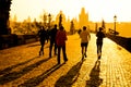 Runner athletes have morning jogging workout on Charles Bridge in Prague, Czech Republic. Healthy lifestyle and active