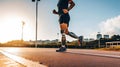 Runner disabled athlete running on city road. Man fitness jogging with prosthetic legs workout wellness concept. Generative AI