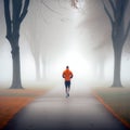 A Runner on a dull morning in a foggy autumn By Generative AI Royalty Free Stock Photo