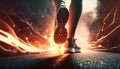 Runner feet in burning sneakers runs down the street with fire trails, sportsman shoes low angle