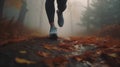 Runner feet running in autumn forest. Woman fitness jogging workout wellness concept.