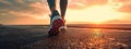 Runner feet running on road closeup on shoe