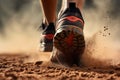 Runner feet running on sand track closeup. Sport and healthy lifestyle concept, Rear view closeup sport shoe of racer in running