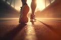 Runner feet with sport shoes getting ready for a walk and run work out with dramatic light sunflare.