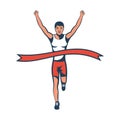 Runner at finish line. Sprinting athlete at finish with a winning tape. Vector Royalty Free Stock Photo