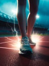 Runner foot on running track with Spark electric lightning on the ground, Generative AI. Royalty Free Stock Photo