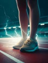 Runner foot on running track with Spark electric lightning on the ground. Royalty Free Stock Photo