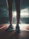 Runner foot on running track with Spark electric lightning on the ground. Royalty Free Stock Photo