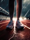 Runner foot on running track with Spark electric lightning on the ground. Royalty Free Stock Photo