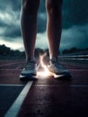 Runner foot on running track with Spark electric lightning on the ground. Royalty Free Stock Photo