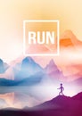 Runner on Geometric Mountain Background - Vector Illustration