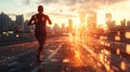 Athlete running with futuristic performance tracking software in the city at sunset