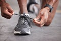 Runner, lace and black man shoes for fitness sports workout, exercise training and cardio motivation. Athlete person Royalty Free Stock Photo