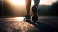 Runner man feet running on road closeup on shoe. Male fitness athlete jogger workout in wellness Royalty Free Stock Photo