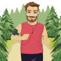 Runner man jogging in park with smartphone armband listening to music playlist on mobile phone app Royalty Free Stock Photo