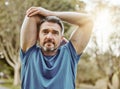 Runner man, stretching arms and park for fitness vision, health or ready for workout, nature or summer. Mature person Royalty Free Stock Photo