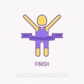 Runner with raised hands at finish tears ribbon. Thin line icon. Modern vector illustration