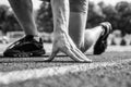 Runner ready to go close up. Ready steady go concept. At beginning of great sport career. Starting point. Hand touch Royalty Free Stock Photo