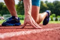 Runner ready to go close up. Ready steady go concept. At beginning of great sport career. Starting point. Hand touch Royalty Free Stock Photo