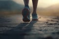 The runner runs on the road, legs in sneakers close-up. AI generative