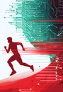 runner silhouette with dynamic vibrant lines showing motion, surrounded by data streams