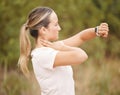 Runner, smartwatch and woman with neck pulse for wellness monitoring, heart rate or progress in nature. Fitness, tracker