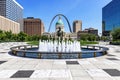 The Runner statue in front of the Courthouse and Gateway Arch in St. Louis, MO