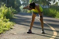 runner take a break at morning tropical forest trail Royalty Free Stock Photo