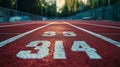 Runner on a track during sunset with a blurred focus on numbered lane markings and nature Royalty Free Stock Photo