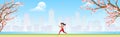 Runner training outdoors. Sporty girl running down city park pathway in morning. Vector illustration for health, active Royalty Free Stock Photo