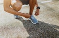 Runner trying running shoes getting ready for run. Healthy lifestyle Royalty Free Stock Photo