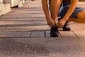 Runner trying running shoes getting ready for run Royalty Free Stock Photo