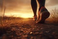 The runner walks at sunset, legs in sneakers close-up. AI generative