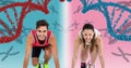 runner woman and runner man with dna chains, pink and blue background Royalty Free Stock Photo