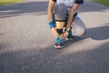 Runner woman suffering from pain in leg injury after sport exercise running jogging and workout outdoor Royalty Free Stock Photo