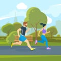 Runners in the city park. Urban lifestyle vector illustration