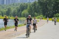 Runners and cyclists on the tracks of Kolomenskoye park in Moscow Royalty Free Stock Photo