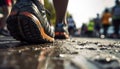 Runners feet on a wet dirty road on a rainy day. AI generated