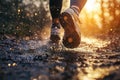 Trail running shoes splash through muddy path at sunset in a forest setting during an invigorating outdoor adventure Royalty Free Stock Photo